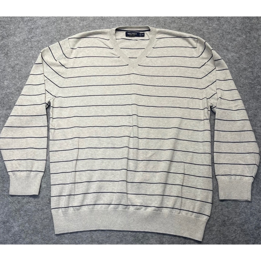 Nautica V-Neck Sweater Men XXL Striped Cotton Beige Navy Blue